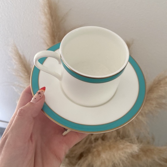 Crate & Barrel tea cup saucer set white teal gold fine bone China coffee - Picture 11 of 13